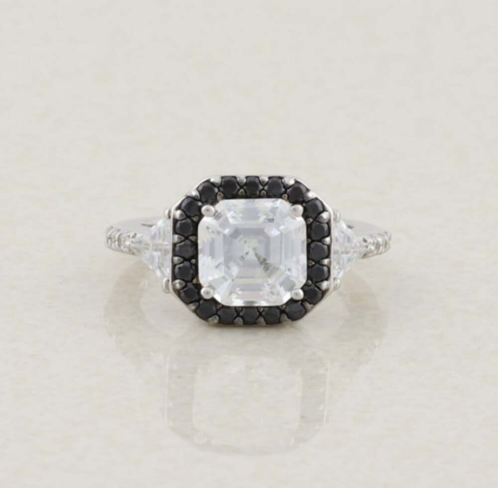 Sterling Silver Shiny CZ & Black CZ Halo Ring Size 4